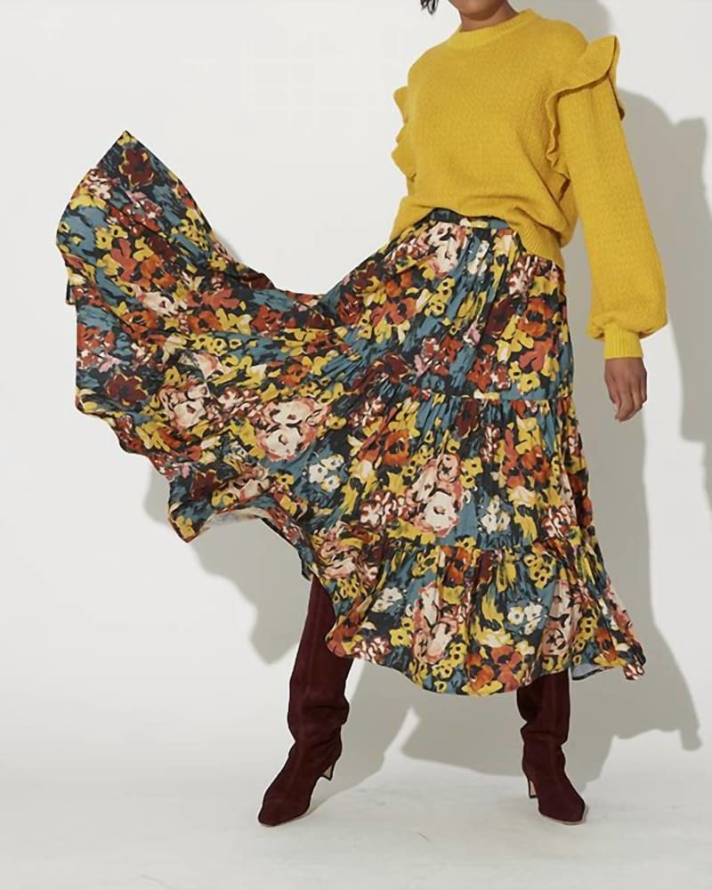 Front of a model wearing a size L Freya Ankle Skirt in Monet in Monet by Cleobella. | dia_product_style_image_id:343153